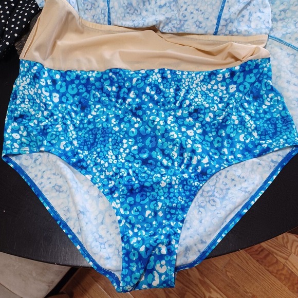 Swimsuits For All Women's 20 Squareneck Swimdress Attached Bottoms Blue Leopard - Picture 6 of 10